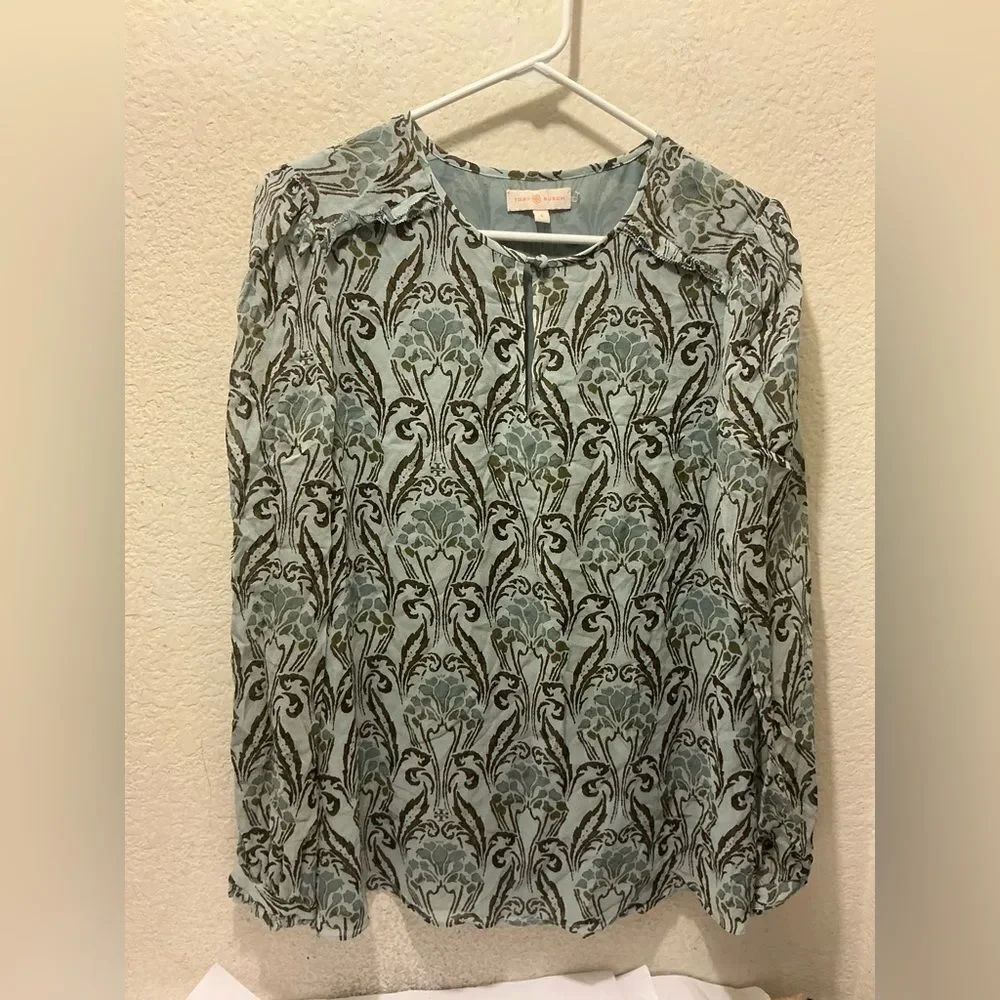 Tory Burch 100% Silk Wallpaper Floral Keyhole Frill Blouse Top Blue Size 8